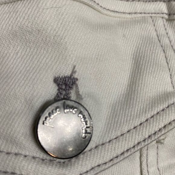 Peace Love World White/Gray Chic Denim Jacket Puff Gray Sleeve Oversized SZ XXS - Picture 13 of 16